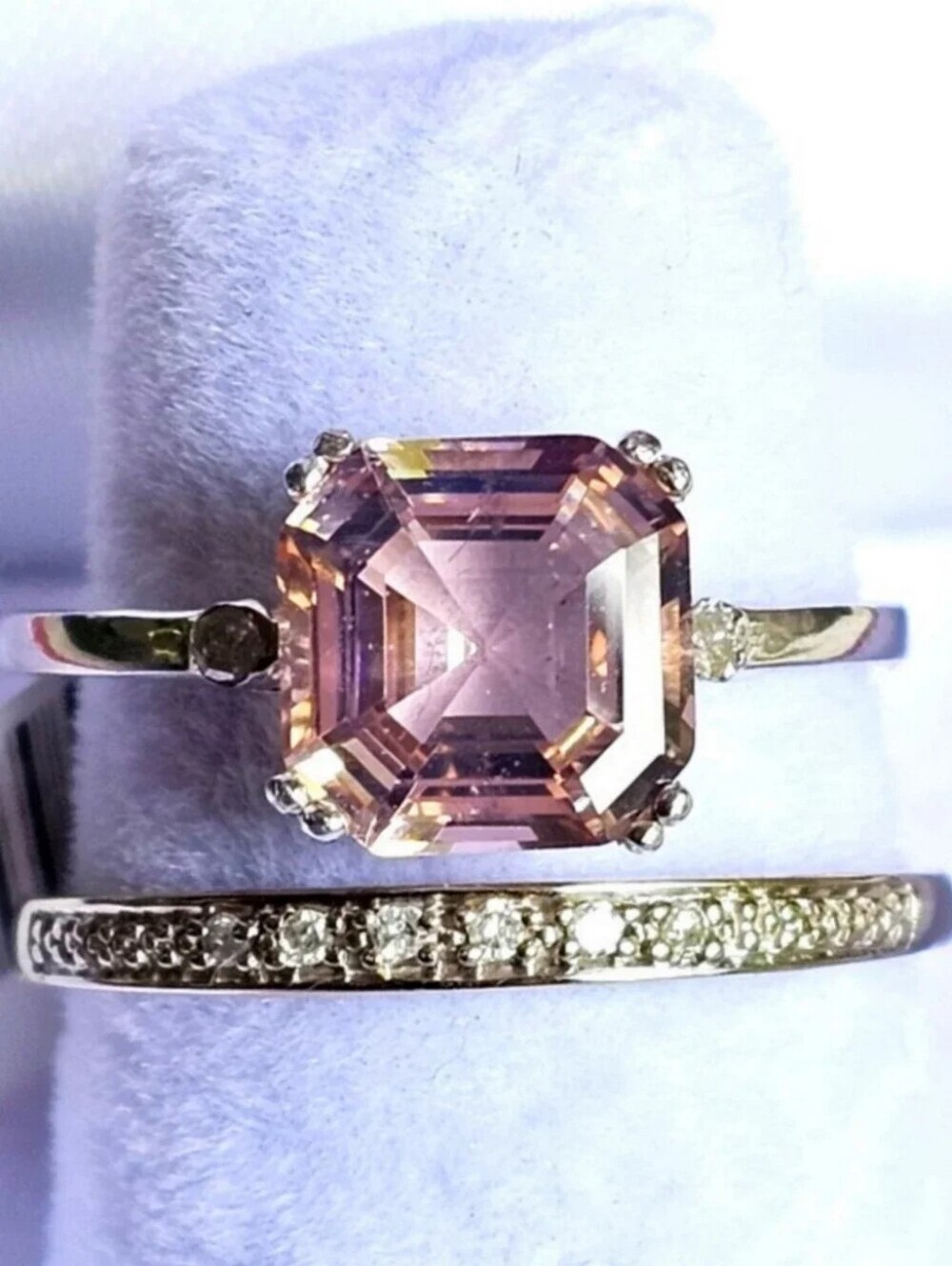 10k White Gold Bridal Morganite Solitaire Ring & Diamond Band Ring